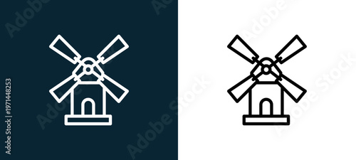 Two-color mill outline icon pair in black and white, editable stroke vector illustration for web, mobile apps, UI design, branding, and print from seasons