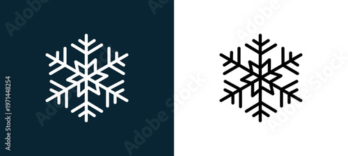 Two-color snowflake outline icon pair in black and white, editable stroke vector illustration for web, mobile apps, UI design, branding, and print from seasons