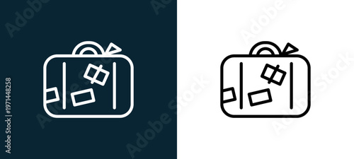 Two-color luggage outline icon pair in black and white, editable stroke vector illustration for web, mobile apps, UI design, branding, and print from seasons