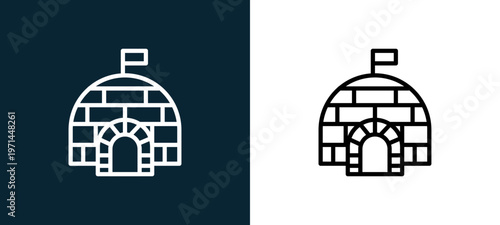 Two-color igloo outline icon pair in black and white, editable stroke vector illustration for web, mobile apps, UI design, branding, and print from seasons
