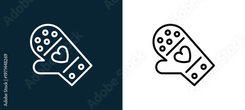 Two-color mitten outline icon pair in black and white, editable stroke vector illustration for web, mobile apps, UI design, branding, and print from seasons