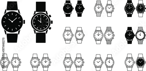 Vector watch icon set illustration featuring multiple minimalist wristwatch designs in various styles for timekeeping graphic elements