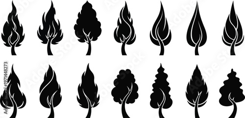 Collection of twelve black stylized tree with varied shapes and leaf patterns silhouette white background