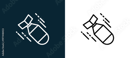 Two-color torpedo outline icon pair in black and white, editable stroke vector illustration for web, mobile apps, UI design, branding, and print from military