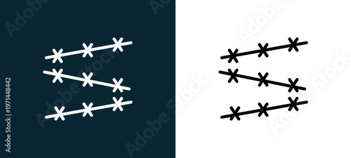 Two-color barbed wire outline icon pair in black and white, editable stroke vector illustration for web, mobile apps, UI design, branding, and print from military