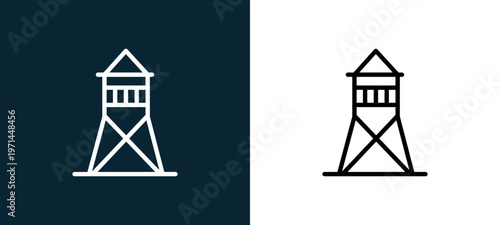 Two-color tower outline icon pair in black and white, editable stroke vector illustration for web, mobile apps, UI design, branding, and print from military