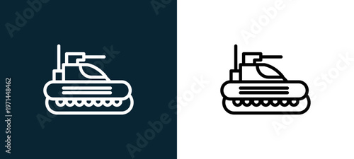 Two-color tank outline icon pair in black and white, editable stroke vector illustration for web, mobile apps, UI design, branding, and print from military