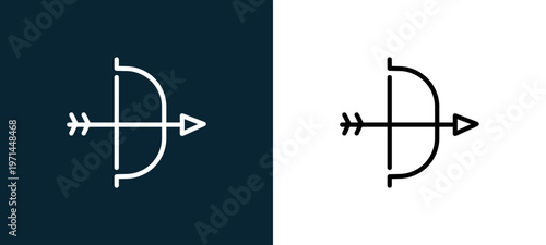 Two-color archery outline icon pair in black and white, editable stroke vector illustration for web, mobile apps, UI design, branding, and print from military