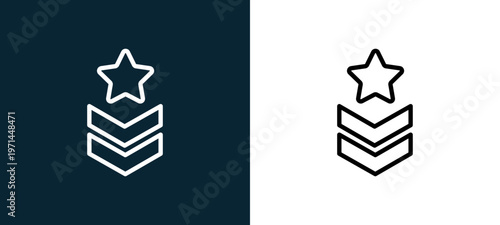 Two-color chevron outline icon pair in black and white, editable stroke vector illustration for web, mobile apps, UI design, branding, and print from military