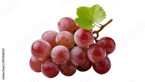 Fresh red grapes with a green leaf, isolated on transparent background