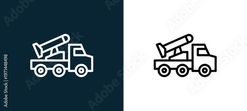 Two-color missile outline icon pair in black and white, editable stroke vector illustration for web, mobile apps, UI design, branding, and print from military