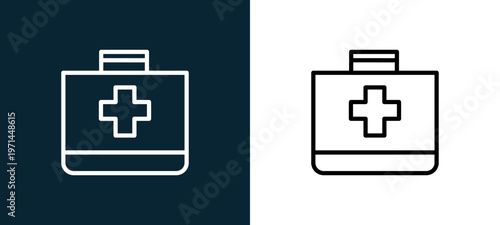 Two-color first aid kit outline icon pair in black and white, editable stroke vector illustration for web, mobile apps, UI design, branding, and print from military