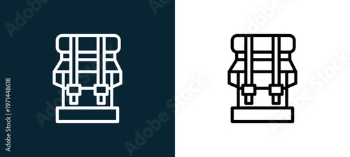 Two-color backpack outline icon pair in black and white, editable stroke vector illustration for web, mobile apps, UI design, branding, and print from military