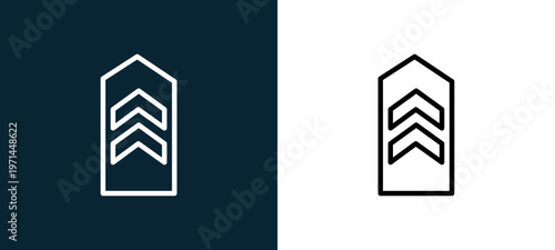 Two-color chevron outline icon pair in black and white, editable stroke vector illustration for web, mobile apps, UI design, branding, and print from military