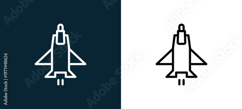 Two-color jet outline icon pair in black and white, editable stroke vector illustration for web, mobile apps, UI design, branding, and print from military