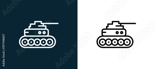 Two-color tank outline icon pair in black and white, editable stroke vector illustration for web, mobile apps, UI design, branding, and print from military