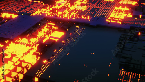 A vibrant futuristic scene featuring a glowing circuit board, its components glowing with fiery orange and yellow hues. The illustration conveys a sense of power, overload, and the high performance of