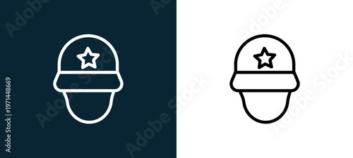Two-color soldier outline icon pair in black and white, editable stroke vector illustration for web, mobile apps, UI design, branding, and print from military