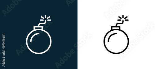 Two-color bomb outline icon pair in black and white, editable stroke vector illustration for web, mobile apps, UI design, branding, and print from military