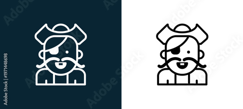 Two-color pirate outline icon pair in black and white, editable stroke vector illustration for web, mobile apps, UI design, branding, and print from jobs
