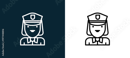 Two-color policewoman outline icon pair in black and white, editable stroke vector illustration for web, mobile apps, UI design, branding, and print from jobs