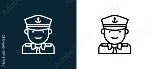 Two-color captain outline icon pair in black and white, editable stroke vector illustration for web, mobile apps, UI design, branding, and print from jobs