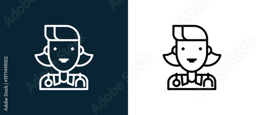 Two-color doctor outline icon pair in black and white, editable stroke vector illustration for web, mobile apps, UI design, branding, and print from jobs