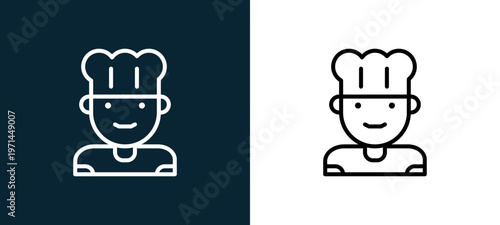Two-color chef outline icon pair in black and white, editable stroke vector illustration for web, mobile apps, UI design, branding, and print from jobs