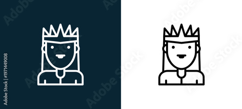 Two-color queen outline icon pair in black and white, editable stroke vector illustration for web, mobile apps, UI design, branding, and print from jobs