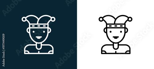 Two-color joker outline icon pair in black and white, editable stroke vector illustration for web, mobile apps, UI design, branding, and print from jobs