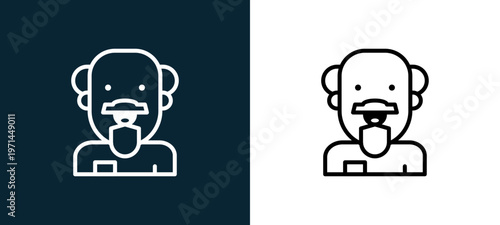 Two-color scientist outline icon pair in black and white, editable stroke vector illustration for web, mobile apps, UI design, branding, and print from jobs