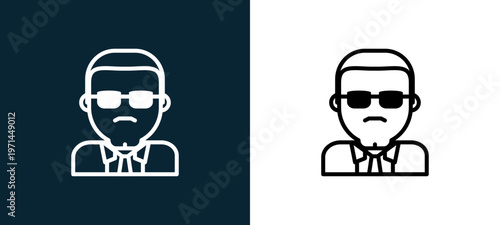 Two-color secret agent outline icon pair in black and white, editable stroke vector illustration for web, mobile apps, UI design, branding, and print from jobs