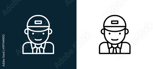 Two-color postman outline icon pair in black and white, editable stroke vector illustration for web, mobile apps, UI design, branding, and print from jobs