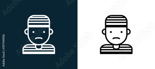 Two-color prisoner outline icon pair in black and white, editable stroke vector illustration for web, mobile apps, UI design, branding, and print from jobs