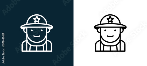 Two-color fireman outline icon pair in black and white, editable stroke vector illustration for web, mobile apps, UI design, branding, and print from jobs