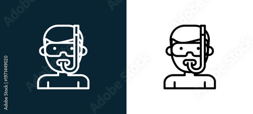 Two-color snorkel outline icon pair in black and white, editable stroke vector illustration for web, mobile apps, UI design, branding, and print from jobs