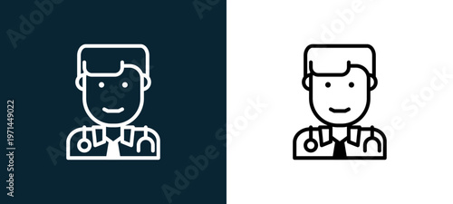 Two-color doctor outline icon pair in black and white, editable stroke vector illustration for web, mobile apps, UI design, branding, and print from jobs
