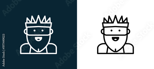 Two-color king outline icon pair in black and white, editable stroke vector illustration for web, mobile apps, UI design, branding, and print from jobs