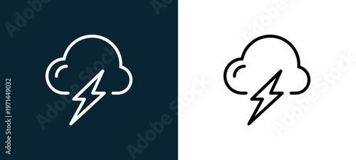 Two-color storm outline icon pair in black and white, editable stroke vector illustration for web, mobile apps, UI design, branding, and print from weather