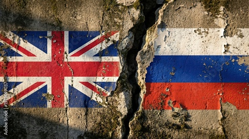 Rift in Unity: A stark visual representation of a fractured relationship, featuring the flags of Great Britain and Russia superimposed on a cracked concrete wall, symbolizing division and discord.
