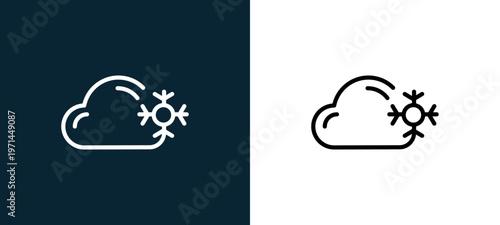Two-color snow outline icon pair in black and white, editable stroke vector illustration for web, mobile apps, UI design, branding, and print from weather