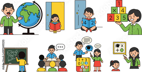 Educational Learning Icons Set Featuring Teacher, Globe, Math, Reading, and Classroom Activities for School, Learning, and Teaching Designs