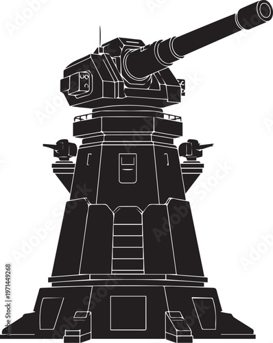 Heavy artillery canon vector illustration turret system with multiple guns line art