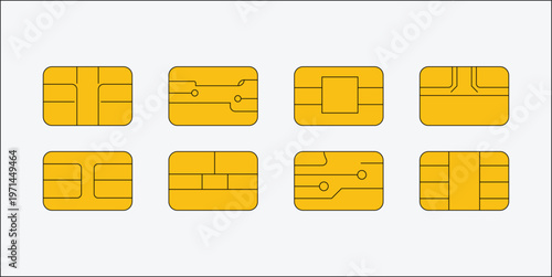 A collection of golden smart cards with integrated circuits and varying chip layouts is displayed high quality professional detailed modern elegant