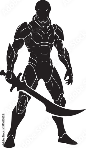 Space warrior silhouette vector illustration with futuristic armor and sword line art