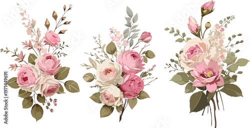 Romantic pink white roses botanical illustration collection set, watercolor painting floral arrangement vintage rustic transparent vector, digital graphic asset wedding flowers bouquet card invitation