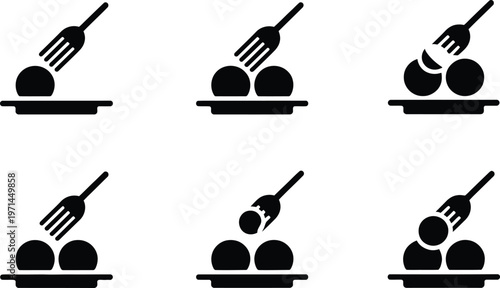 Icons showing fork picking up round food items from a plate with picking up with black and white with eating out