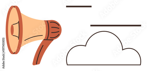 Social media, marketing, cloud storage, advertising, announcements, digital communication. A megaphone and a cloud graphic with horizontal lines. Social media and marketing interconnected