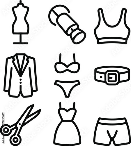 Iconic symbols representing sewing and various types of undergarments and clothing accessories