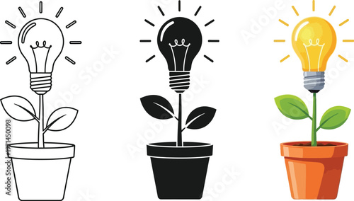 Lightbulb plant vector illustration set depicting idea growth and creative innovation concepts for business development and inspiration graphic design